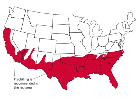 A map of the contiguous United States with recommended prechilling area highlighted in red.